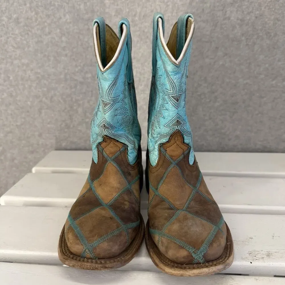 HP Western Boots Girls Size 1 Blue Brown Leather Embroidered Cowboy
